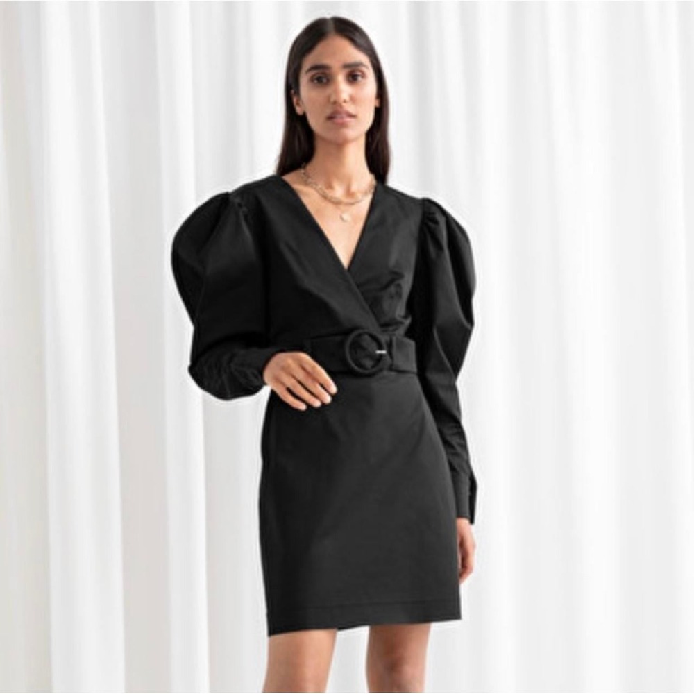 & Other Stories Black Belted Puff Shoulder Wrap Mini Dress Long Sleeve US 6